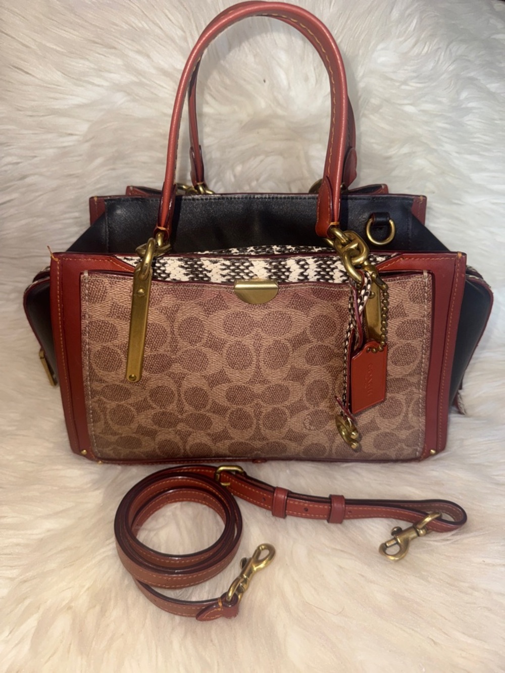 COACH Dreamer Signature Canvas Snake Skin Detail Shoulder Bag Crossbody